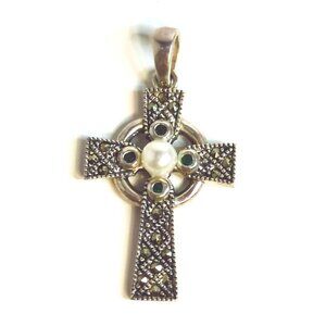 Vintage Sterling Silver Celtic Cross Pendant Marcasite Green Stones Pearl Accent